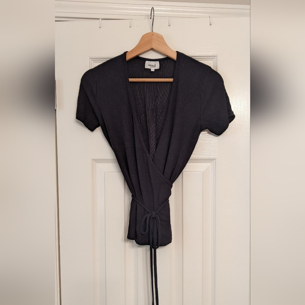 Seed Heritage Ribbed Stretchy Black Wrap Top
